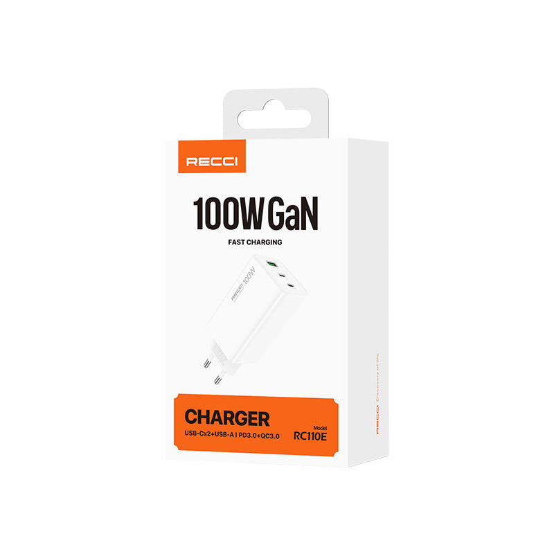 Recci RC110E Type-C PD & USB-A GaN Technology QC3.0 Fast Charging Head 100W White