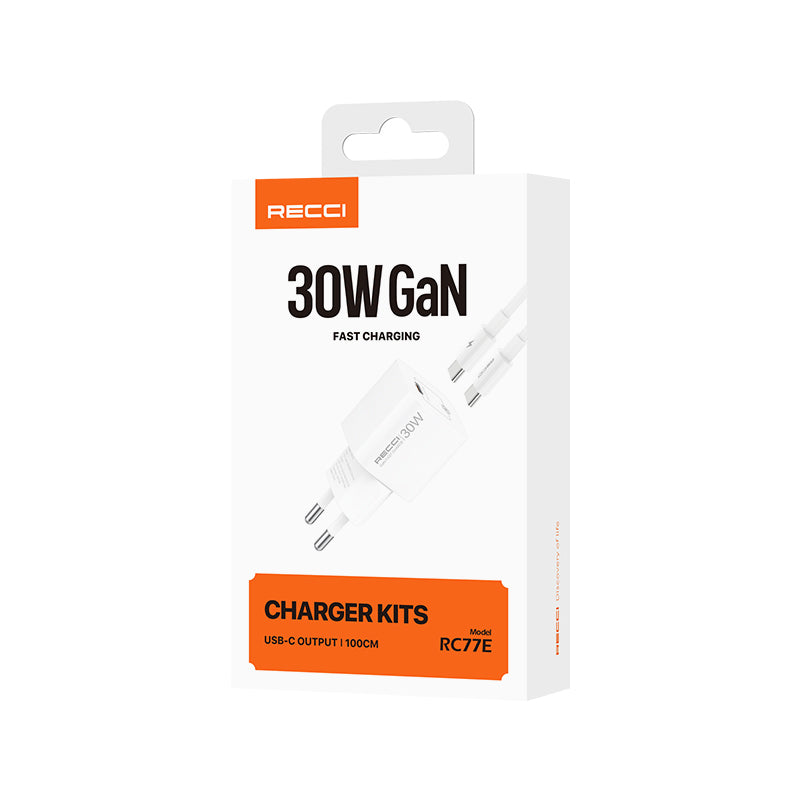 Recci RC77E GaN Technology Fast Charging Head Type-C to Type-C PD 30W Wired Charging Set White