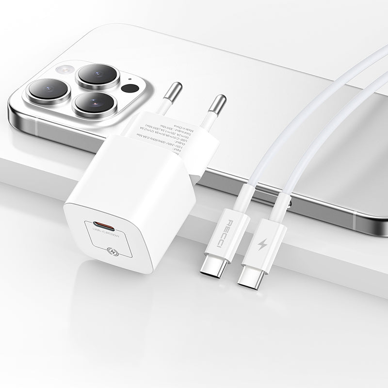 Recci RC77E GaN Technology Fast Charging Head Type-C to Type-C PD 30W Wired Charging Set White