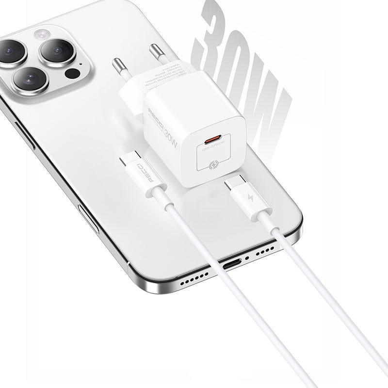 Recci RC77E GaN Technology Fast Charging Head Type-C to Type-C PD 30W Wired Charging Set White