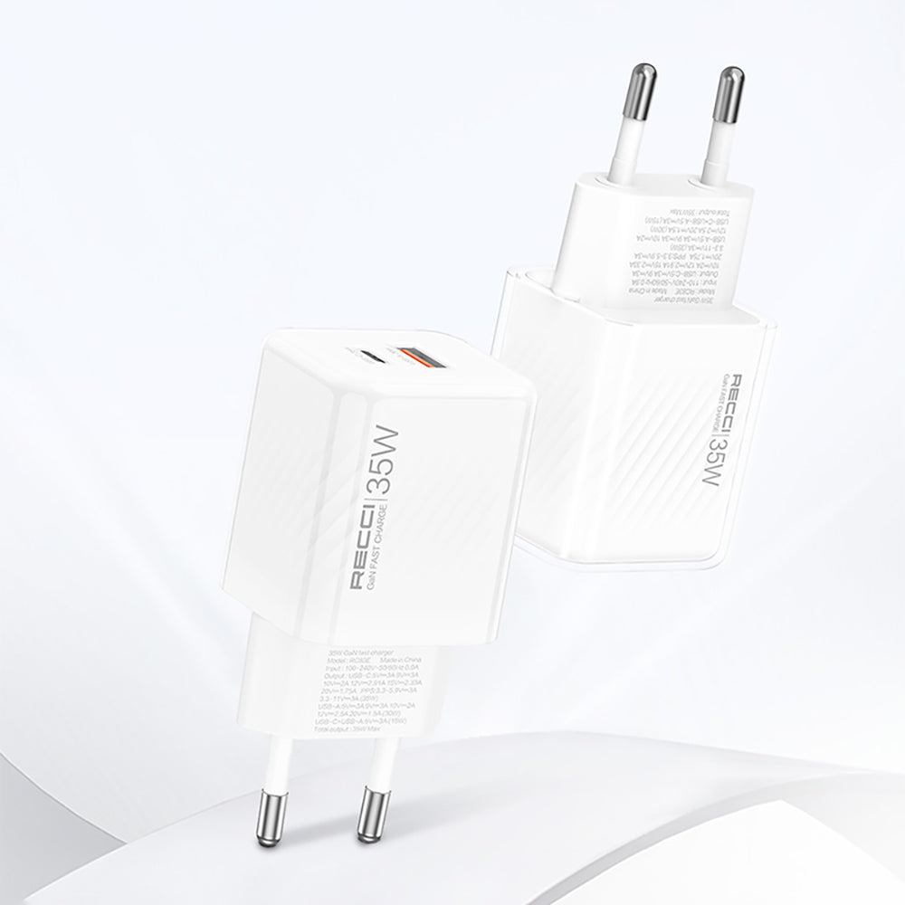 Recci RC83E Type-C PD & USB-A GaN Technology QC3.0 Fast Charging Head 35W White