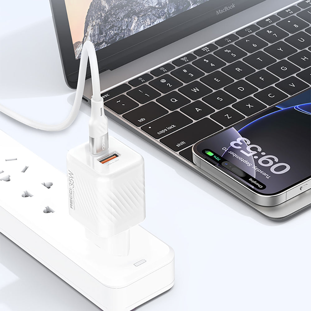 Recci RC83E Type-C PD & USB-A GaN Technology QC3.0 Fast Charging Head 35W White