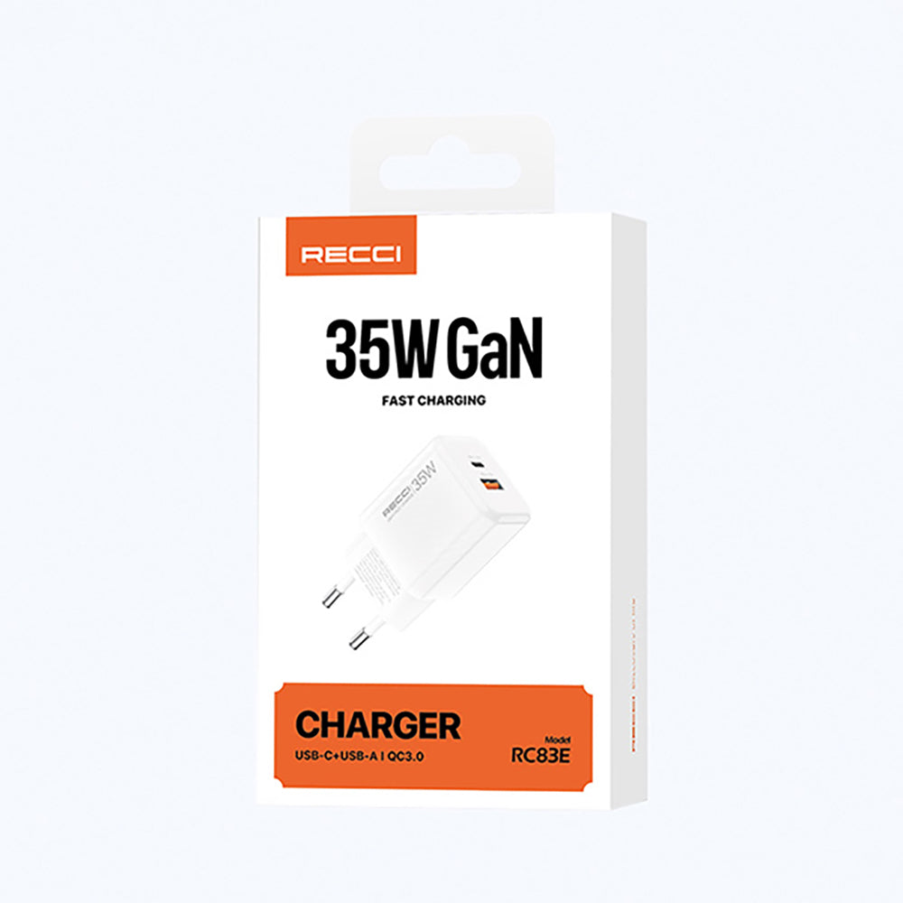 Recci RC83E Type-C PD & USB-A GaN Technology QC3.0 Fast Charging Head 35W White