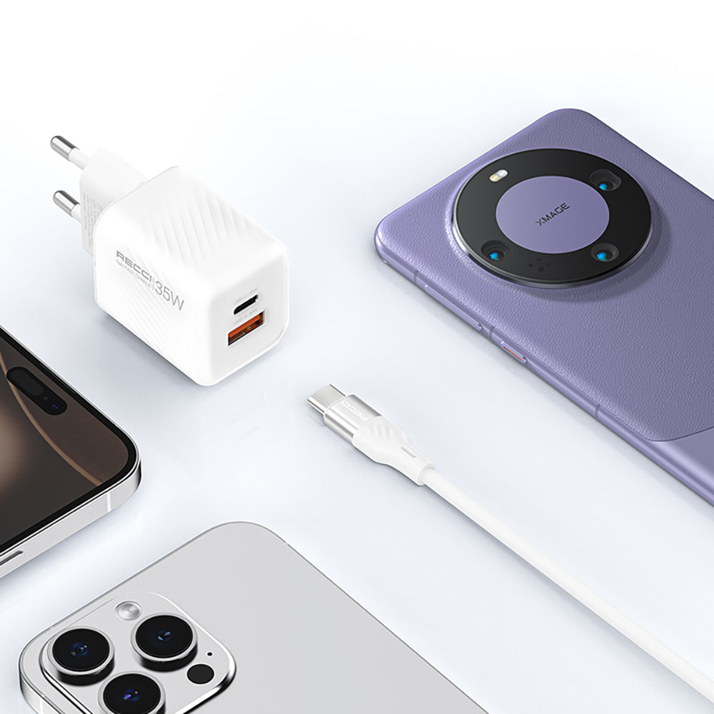 Recci RC83ECC GaN Technology Fast Charging Head USB-A to Type-C PD 35W Wired Charging Set White
