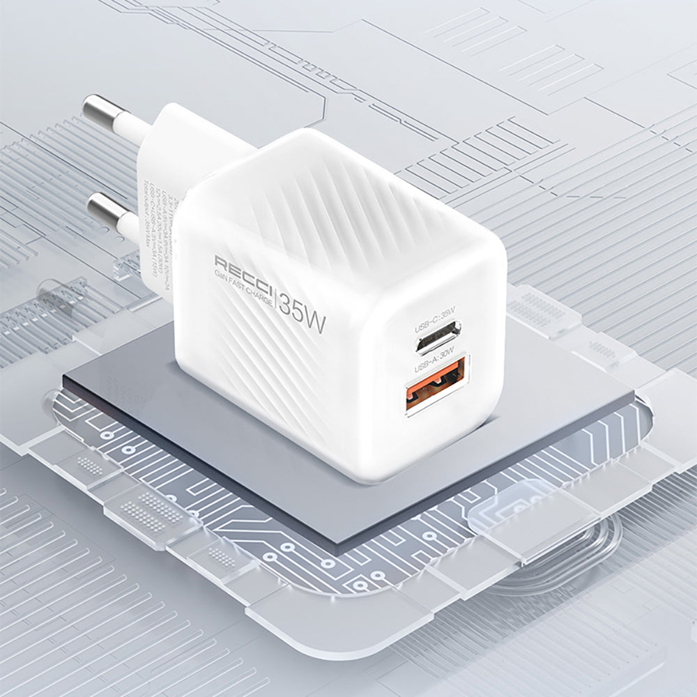 Recci RC83ECC GaN Technology Fast Charging Head USB-A to Type-C PD 35W Wired Charging Set White