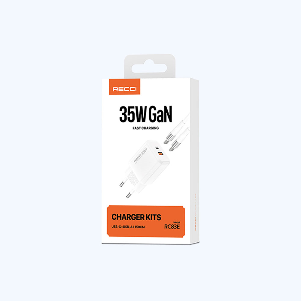 Recci RC83ECC GaN Technology Fast Charging Head USB-A to Type-C PD 35W Wired Charging Set White