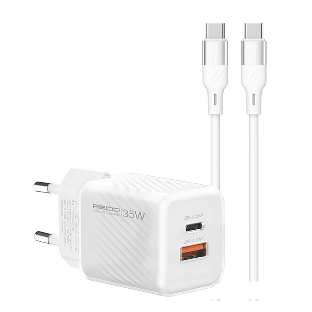 Recci RC83ECC GaN Technology Fast Charging Head USB-A to Type-C PD 35W Wired Charging Set White