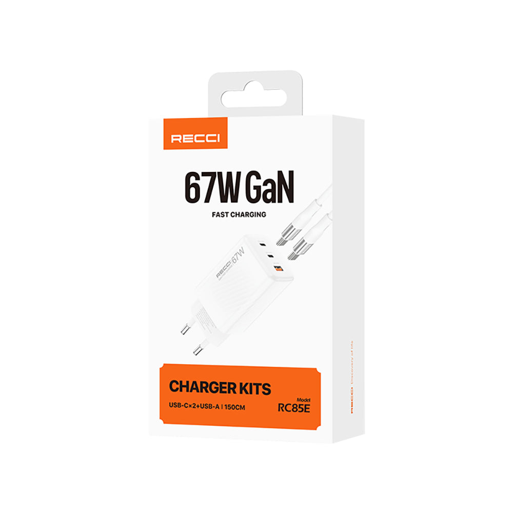 Recci RC85E GaN Technology Fast Charging Head USB-A to Type-C PD 67W Wired Charging Set White