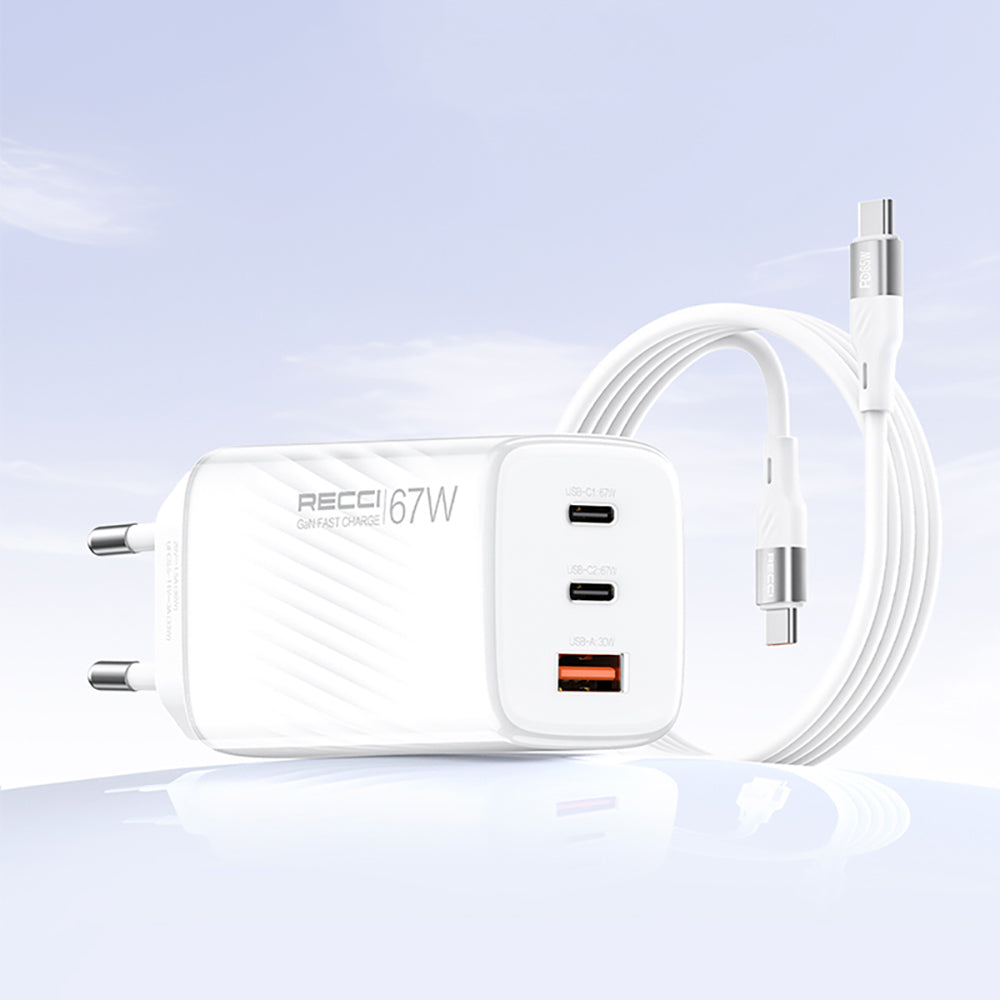 Recci RC85E GaN Technology Fast Charging Head USB-A to Type-C PD 67W Wired Charging Set White