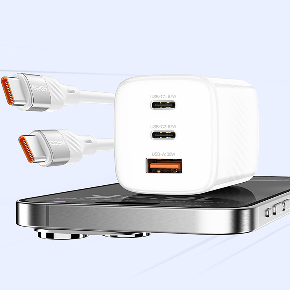 Recci RC85E GaN Technology Fast Charging Head USB-A to Type-C PD 67W Wired Charging Set White