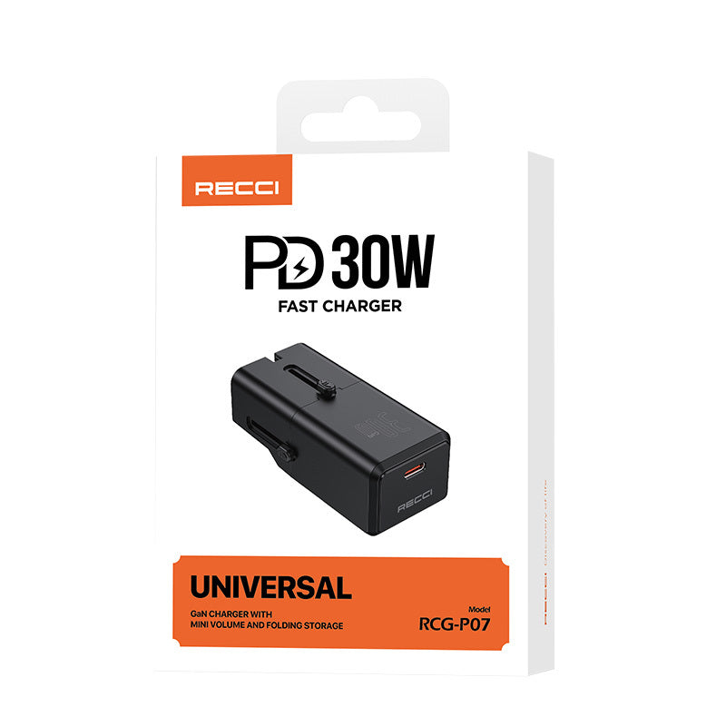 Recci RCG-P07 Multi Universal US/UK/EU/AU Compatible Charging Adapter 30W Black