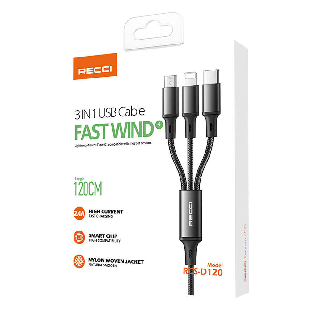 Recci RCS-D120 Fast Wind Series 3in1 USB-A to Lightning – Type-C – Micro Charging and Data Cable 1.2M Black