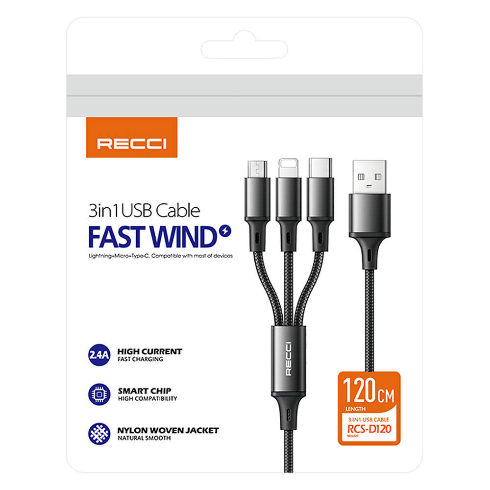 Recci RCS-D120 Fast Wind Series 3in1 USB-A to Lightning – Type-C – Micro Charging and Data Cable 1.2M Black