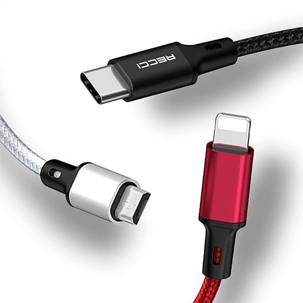 Recci RCS-D120 Fast Wind Series 3in1 USB-A to Lightning – Type-C – Micro Charging and Data Cable 1.2M Black