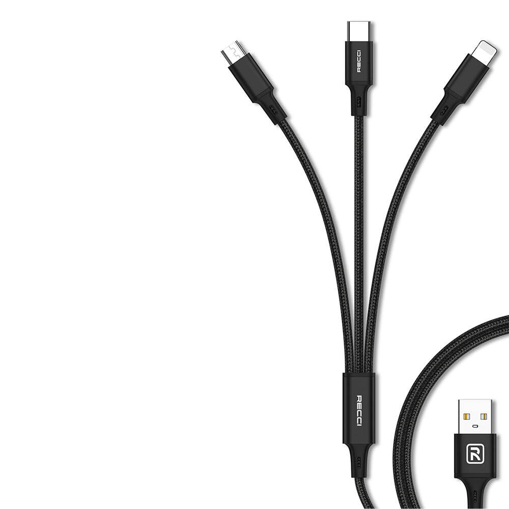 Recci RCS-D120 Fast Wind Series 3in1 USB-A to Lightning – Type-C – Micro Charging and Data Cable 1.2M Black
