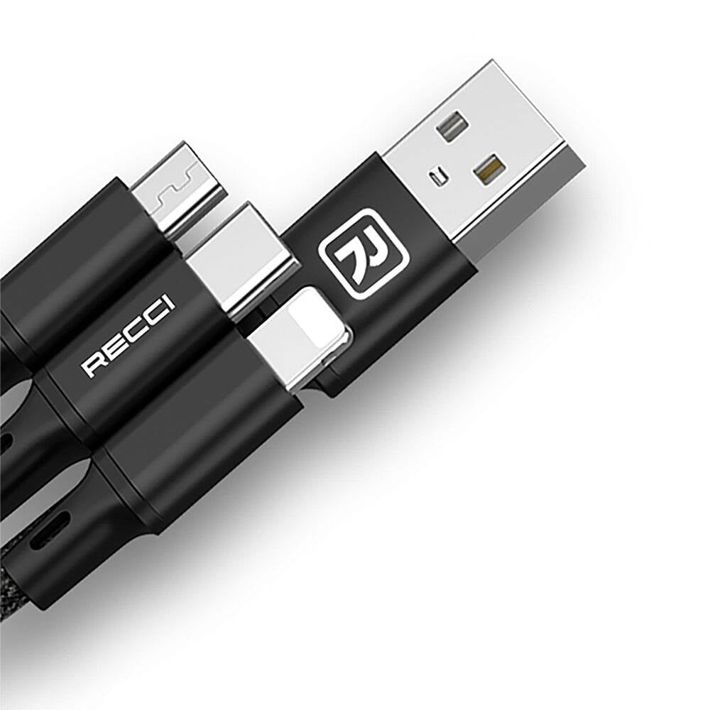 Recci RCS-D120 Fast Wind Series 3in1 USB-A to Lightning – Type-C – Micro Charging and Data Cable 1.2M Black