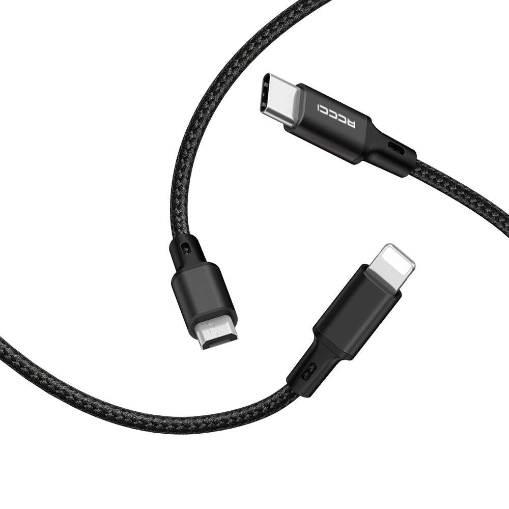 Recci RCS-D120 Fast Wind Series 3in1 USB-A to Lightning – Type-C – Micro Charging and Data Cable 1.2M Black