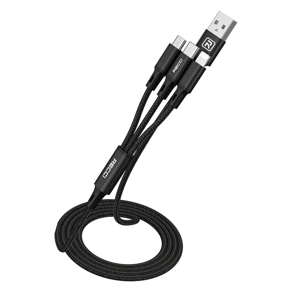 Recci RCS-D120 Fast Wind Series 3in1 USB-A to Lightning – Type-C – Micro Charging and Data Cable 1.2M Black