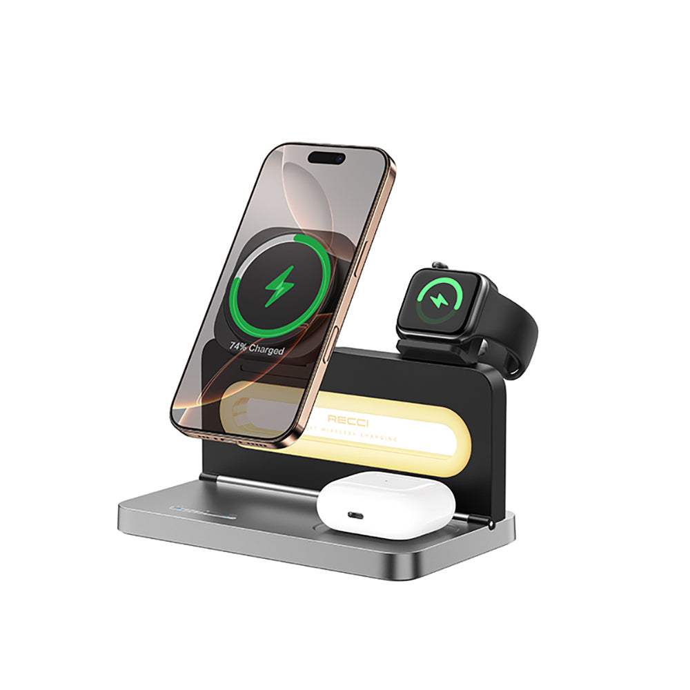 Recci RCW-49 Ambient Light Phone & Smart Watch & Headphone 15W 4in1 Wireless Charging Stand Black