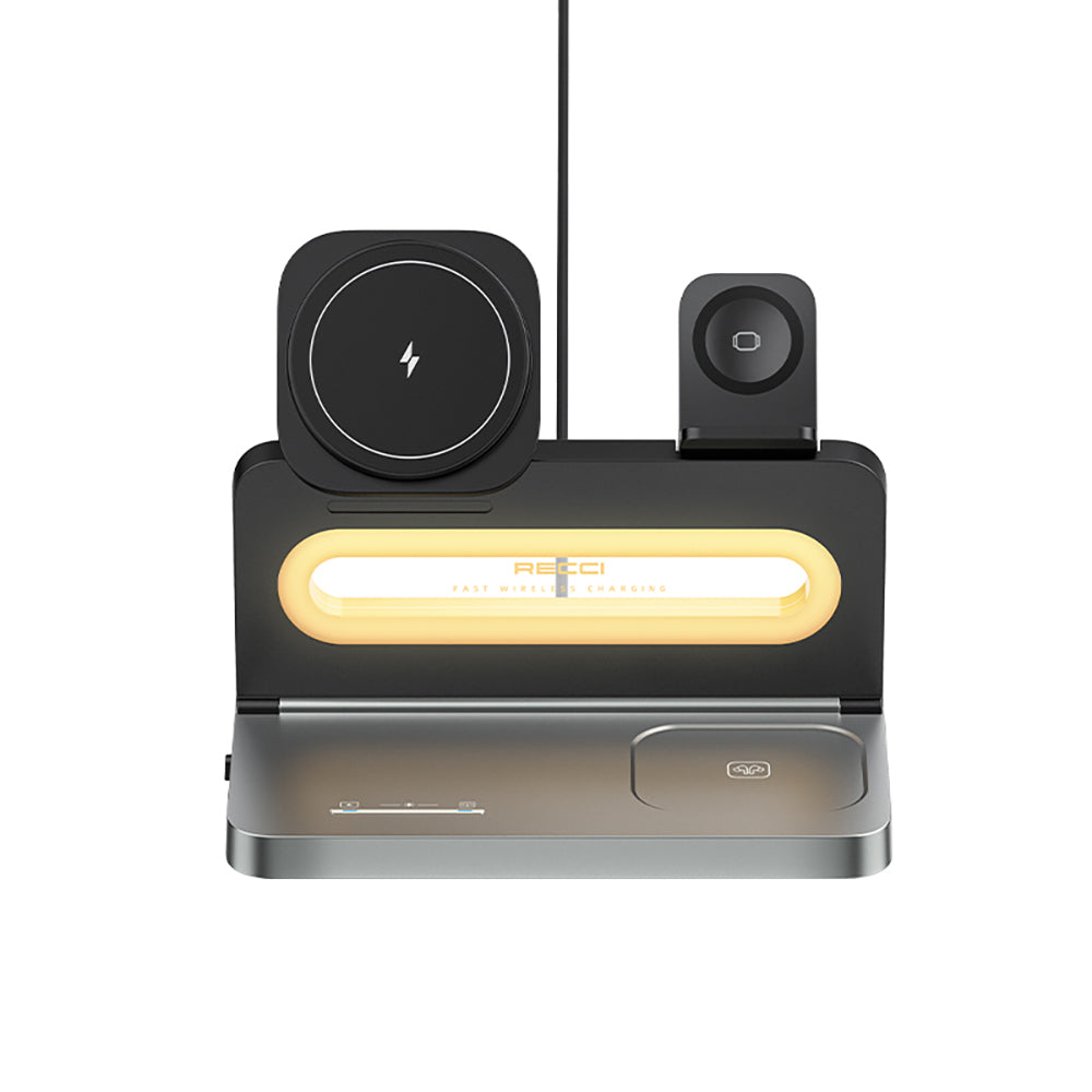 Recci RCW-49 Ambient Light Phone & Smart Watch & Headphone 15W 4in1 Wireless Charging Stand Black