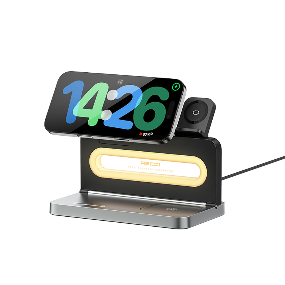 Recci RCW-49 Ambient Light Phone & Smart Watch & Headphone 15W 4in1 Wireless Charging Stand Black