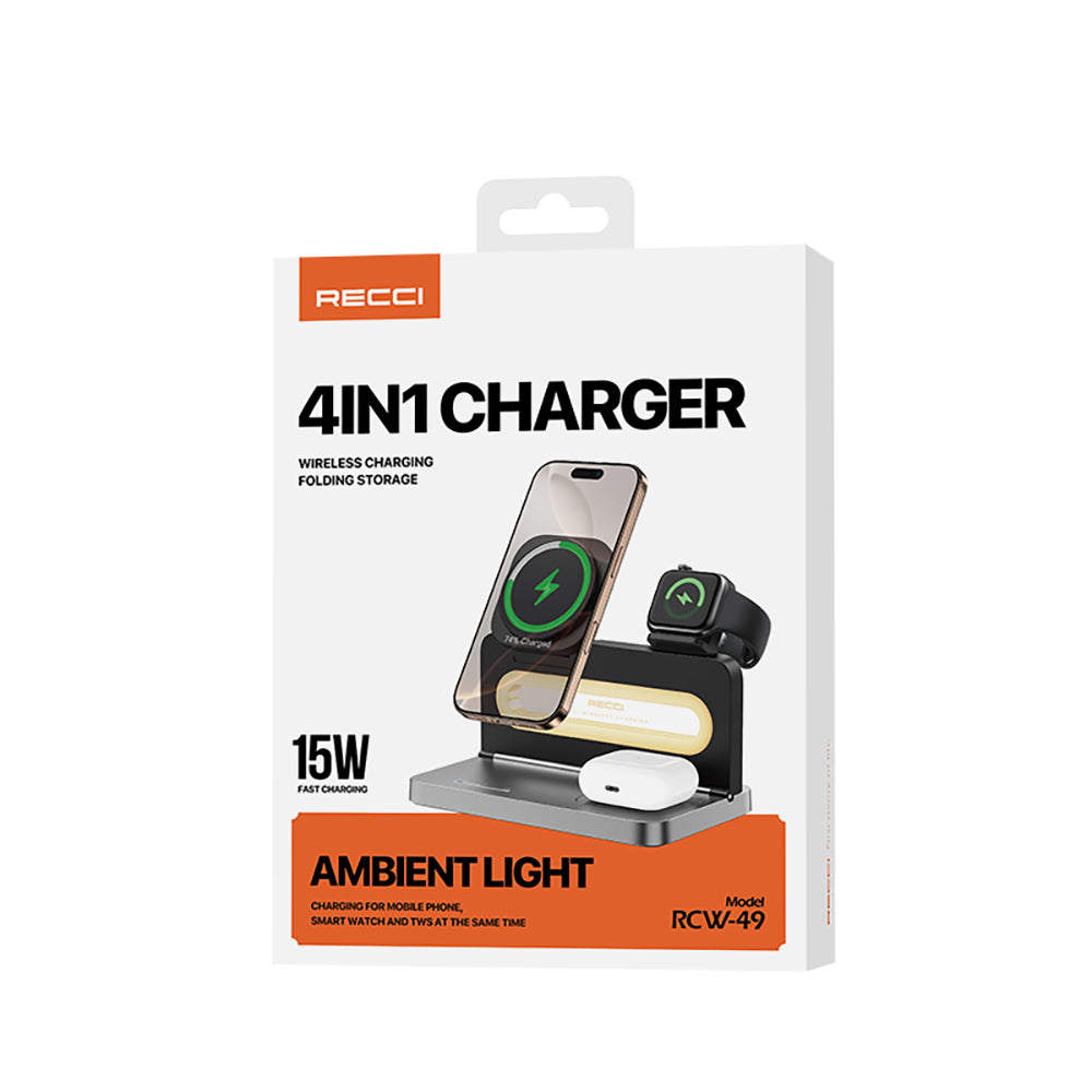 Recci RCW-49 Ambient Light Phone & Smart Watch & Headphone 15W 4in1 Wireless Charging Stand Black