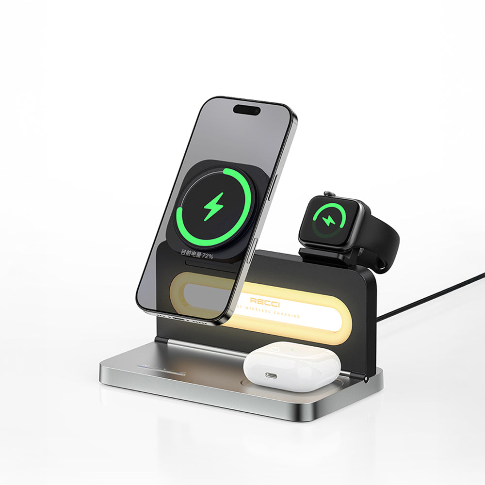 Recci RCW-49 Ambient Light Phone & Smart Watch & Headphone 15W 4in1 Wireless Charging Stand Black