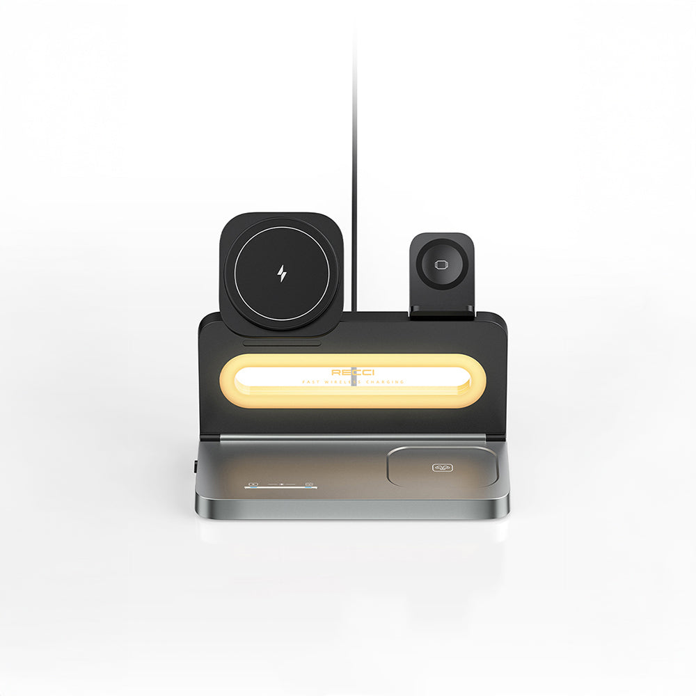 Recci RCW-49 Ambient Light Phone & Smart Watch & Headphone 15W 4in1 Wireless Charging Stand Black