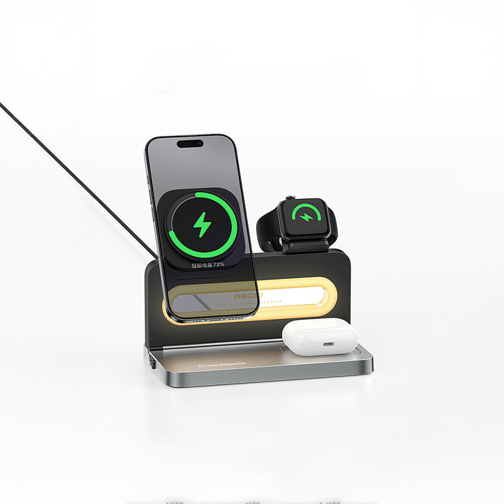 Recci RCW-49 Ambient Light Phone & Smart Watch & Headphone 15W 4in1 Wireless Charging Stand Black
