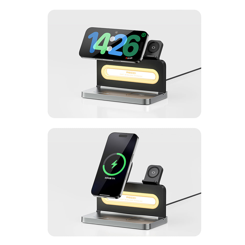 Recci RCW-49 Ambient Light Phone & Smart Watch & Headphone 15W 4in1 Wireless Charging Stand Black