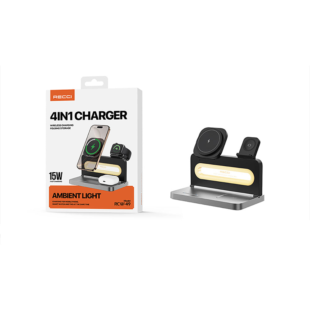 Recci RCW-49 Ambient Light Phone & Smart Watch & Headphone 15W 4in1 Wireless Charging Stand Black