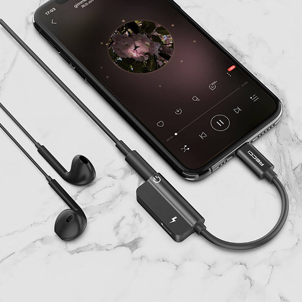Recci RDS-A06 Lightning 2in1 Charging and Audio Adapter Black