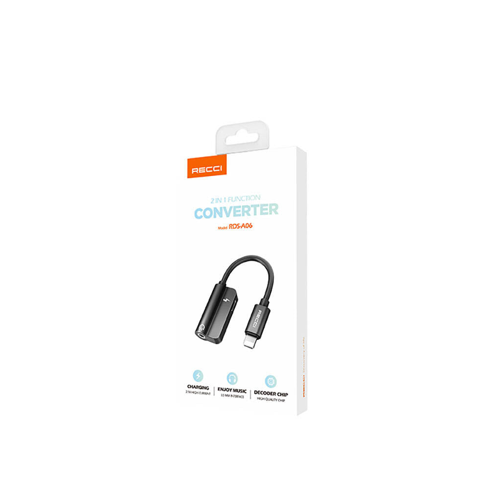 Recci RDS-A06 Lightning 2in1 Charging and Audio Adapter Black