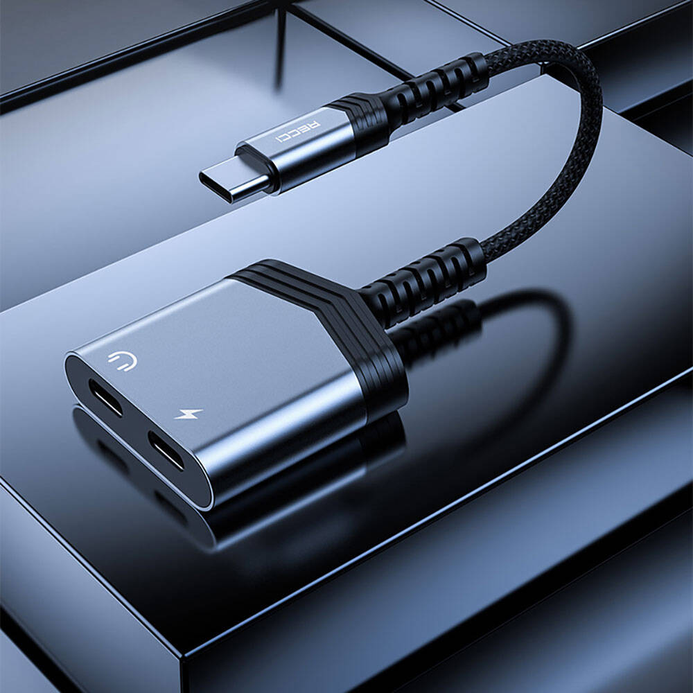 Recci RDS-A20 Type-C PD60W 2in1 Charging and Audio Adapter Gray
