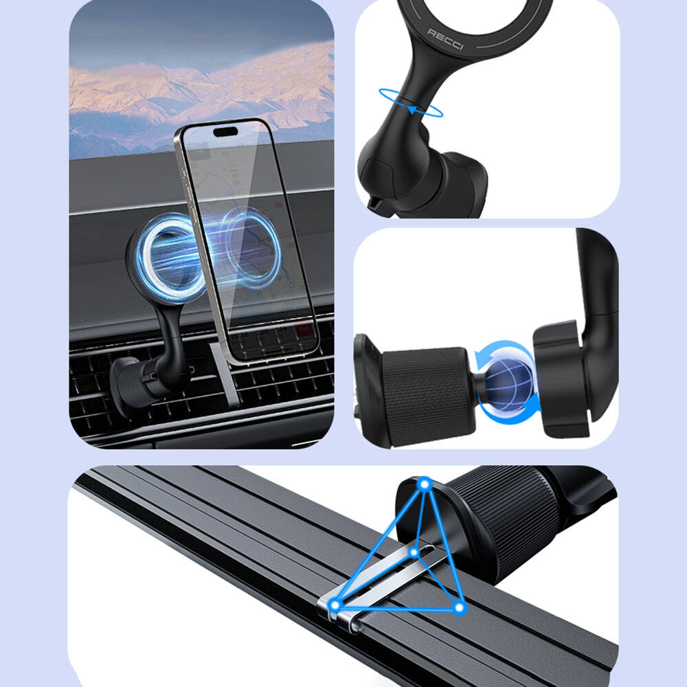 Recci RHO-C42 M-safe Magnetic 360° Rotating Ventilation Design Car Phone Holder Black
