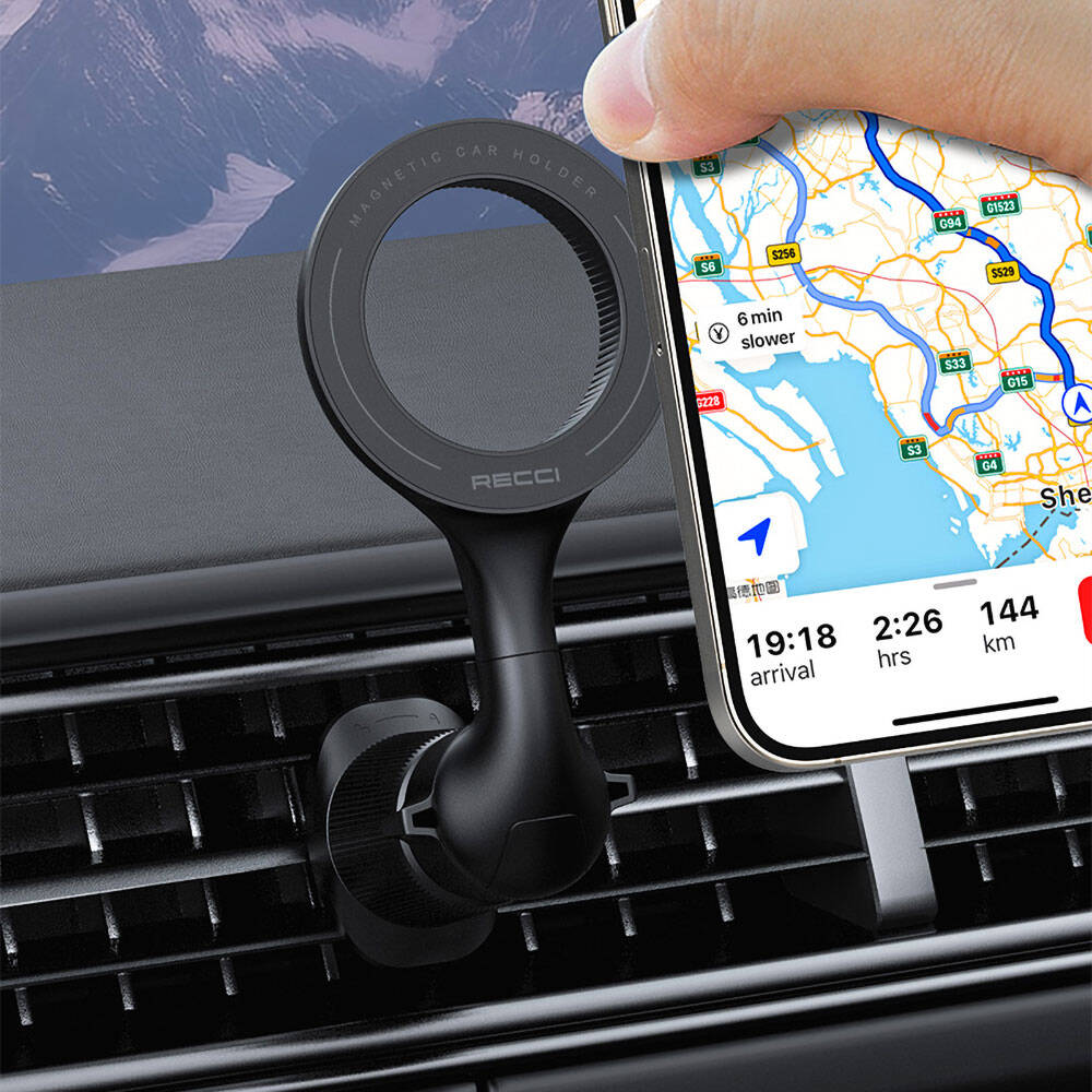 Recci RHO-C42 M-safe Magnetic 360° Rotating Ventilation Design Car Phone Holder Black