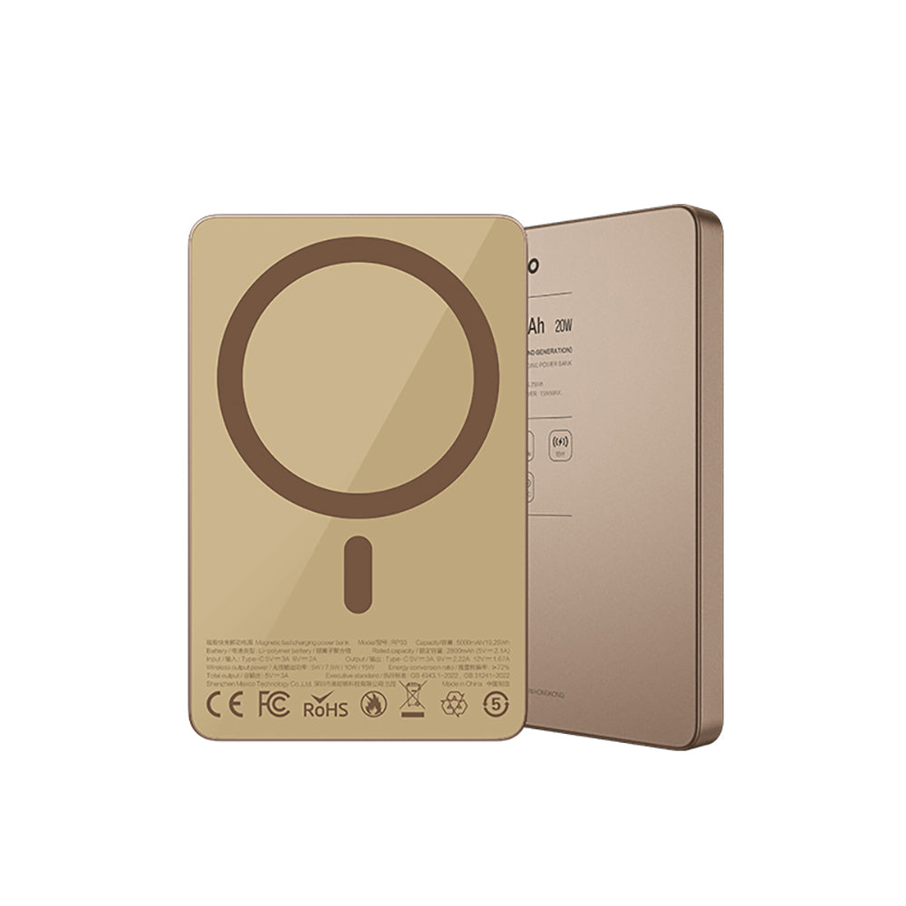 Recci RP33 PD 20W Ultra Thin LED Indicator Fast Charging Wireless Powerbank 15W 5000mAh Gold