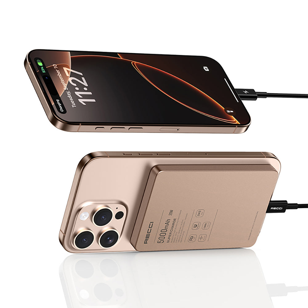Recci RP33 PD 20W Ultra Thin LED Indicator Fast Charging Wireless Powerbank 15W 5000mAh Gold