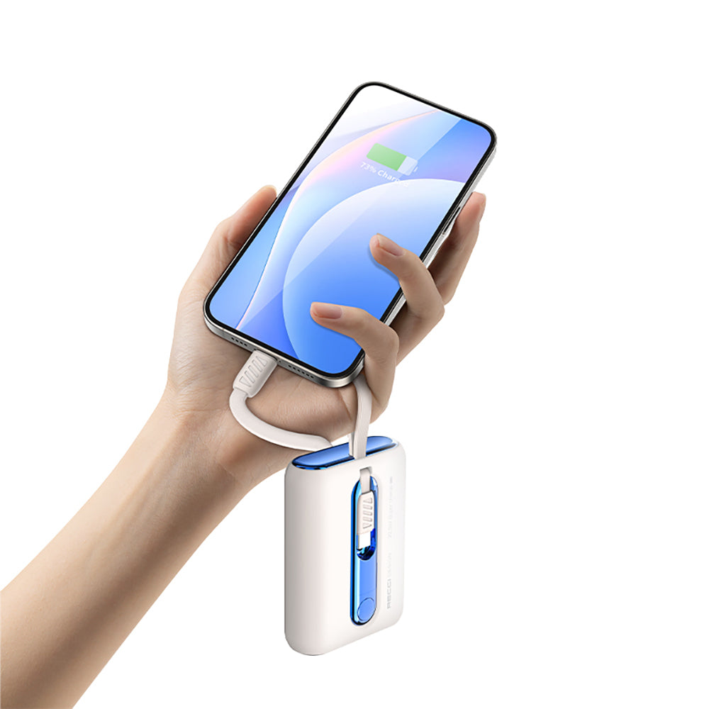 Recci RPB-P12C PD 20W Askı İpli Hızlı Şarj Özellikli Type-C Kablolu Powerbank 22.5W 9000mAh Beyaz