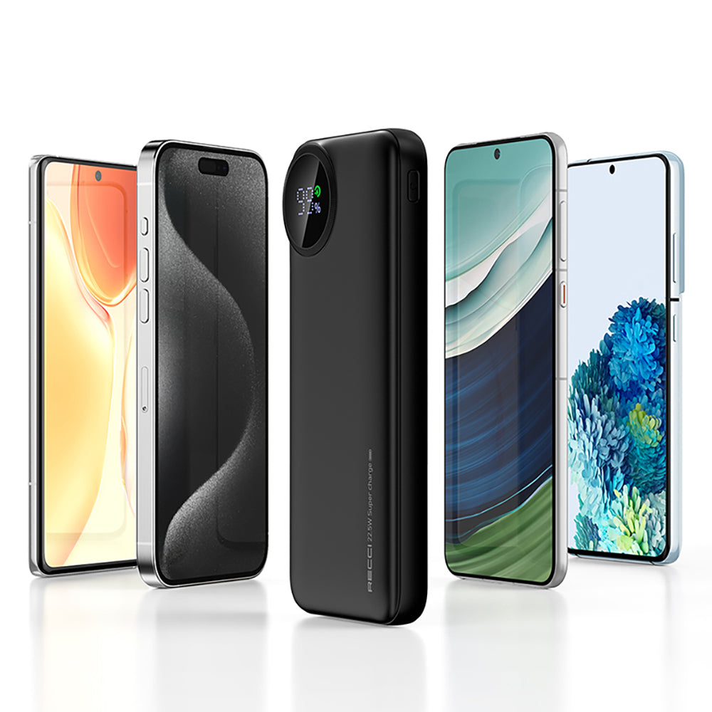 Recci RPB-P48 PD 20W Dijital LED Göstergeli Hızlı Şarj Özellikli Taşınabilir Powerbank 22.5W 10000mAh Siyah