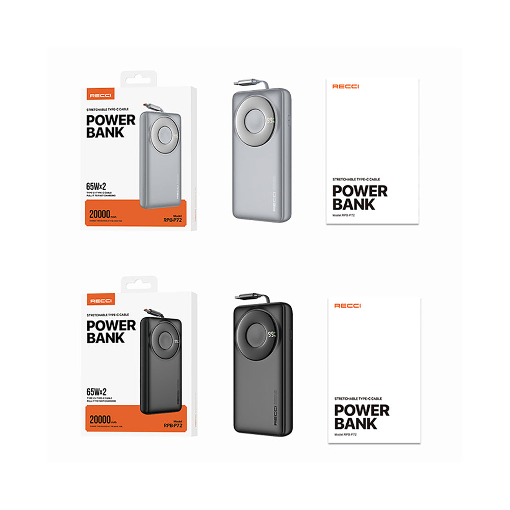 Recci RPB-P72 Hızlı Şarj Özellikli Type-C Kablolu Powerbank 65W 20.000mAh Gri