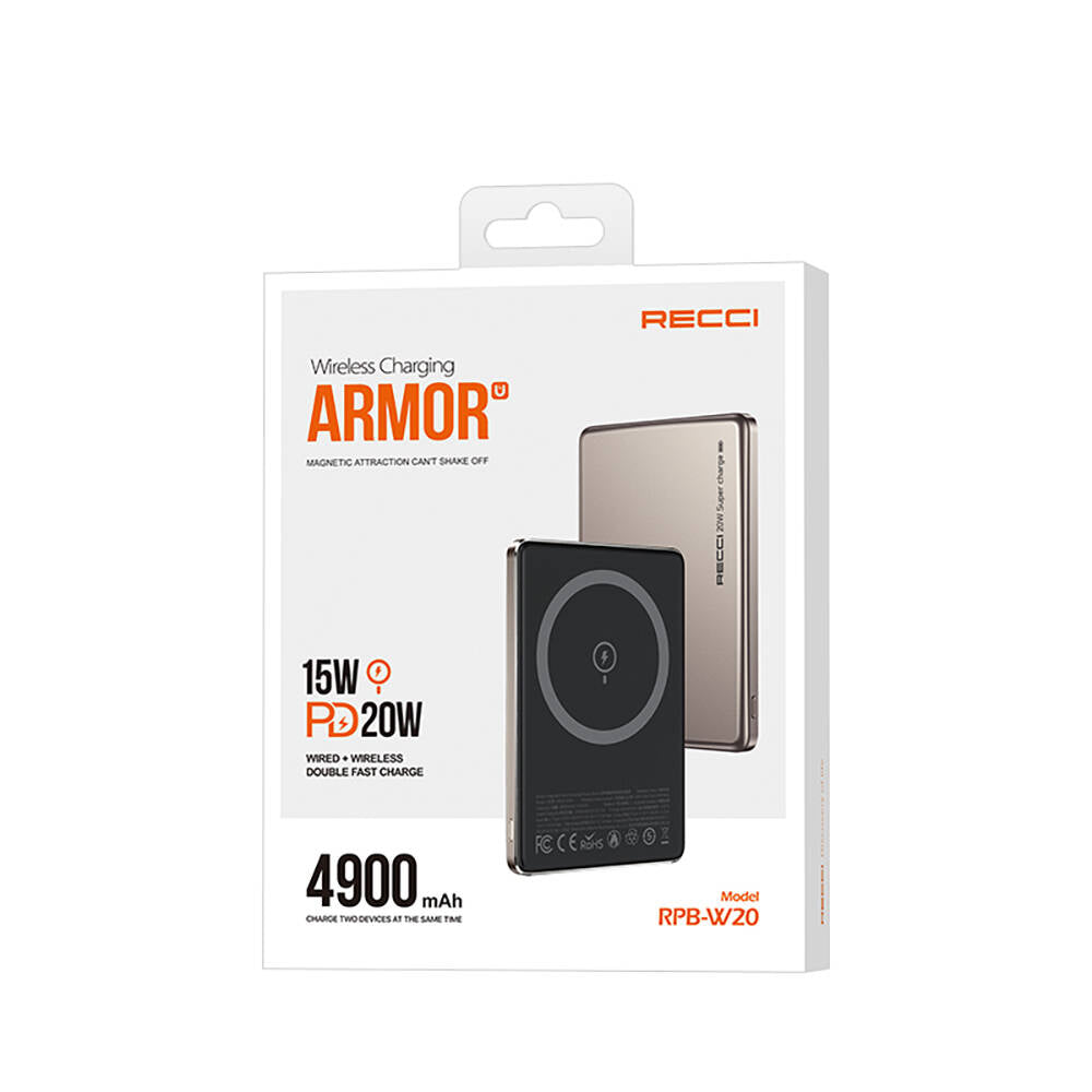 Recci RPB-W20 Taşınabilir Wireless Şarj ve PD Hızlı Şarj Özellikli Powerbank 15W 4900mAh Gold