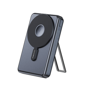 Recci RPB-W23 PD 20W Led Göstergeli Standlı Kablosuz Şarj Özellikli Type-C ve Lightning Kablolu Powerbank 15W 10000mAh Siyah