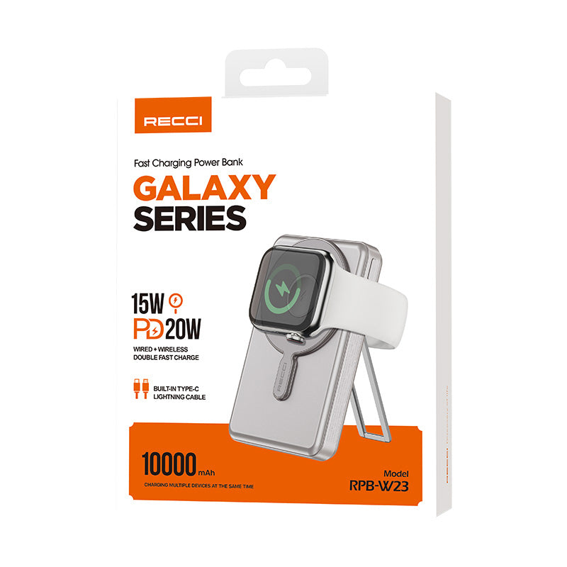 Recci RPB-W23 PD 20W Led Göstergeli Standlı Kablosuz Şarj Özellikli Type-C ve Lightning Kablolu Powerbank 15W 10000mAh Siyah