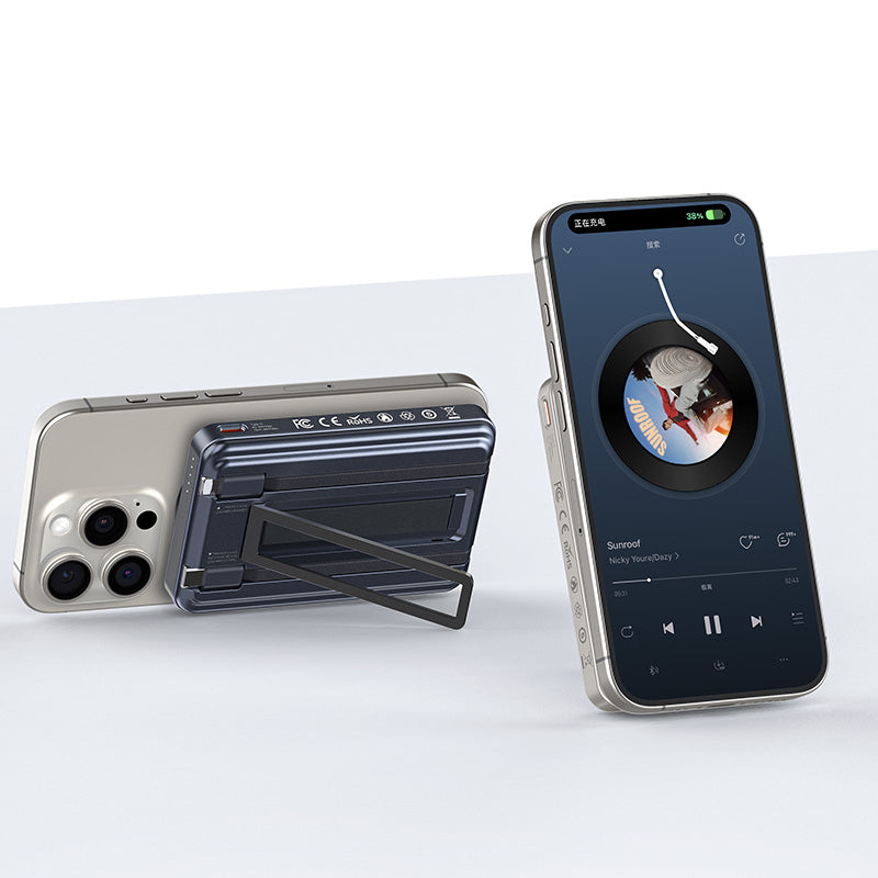 Recci RPB-W23 PD 20W Led Göstergeli Standlı Kablosuz Şarj Özellikli Type-C ve Lightning Kablolu Powerbank 15W 10000mAh Siyah