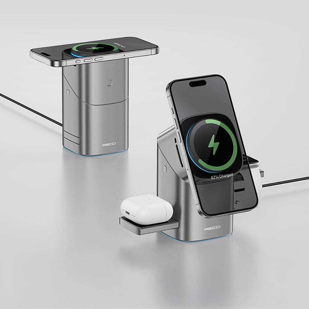 Recci RW05 Qi2 Charging Technology Ambient Light Phone & Smartwatch & Headphone 15W 3in1 Wireless Charging Stand Gray