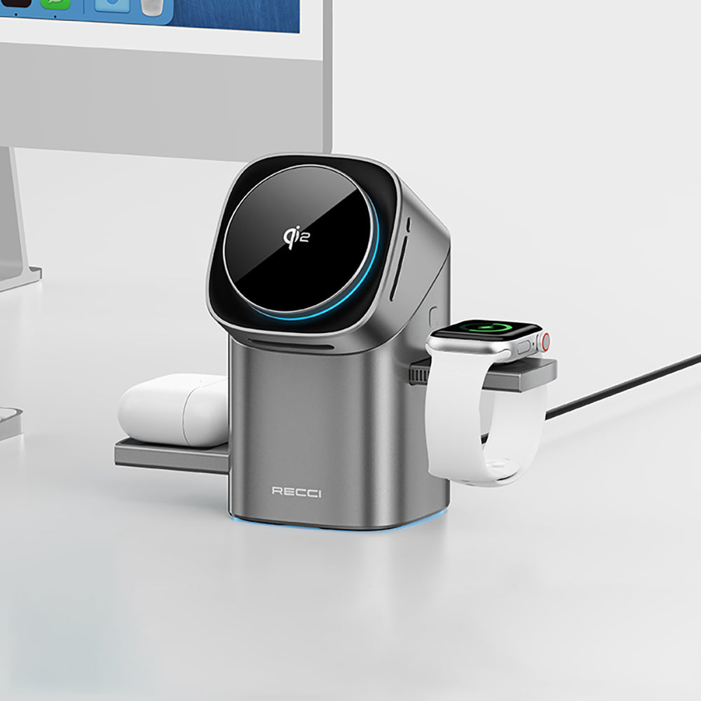 Recci RW05 Qi2 Charging Technology Ambient Light Phone & Smartwatch & Headphone 15W 3in1 Wireless Charging Stand Gray