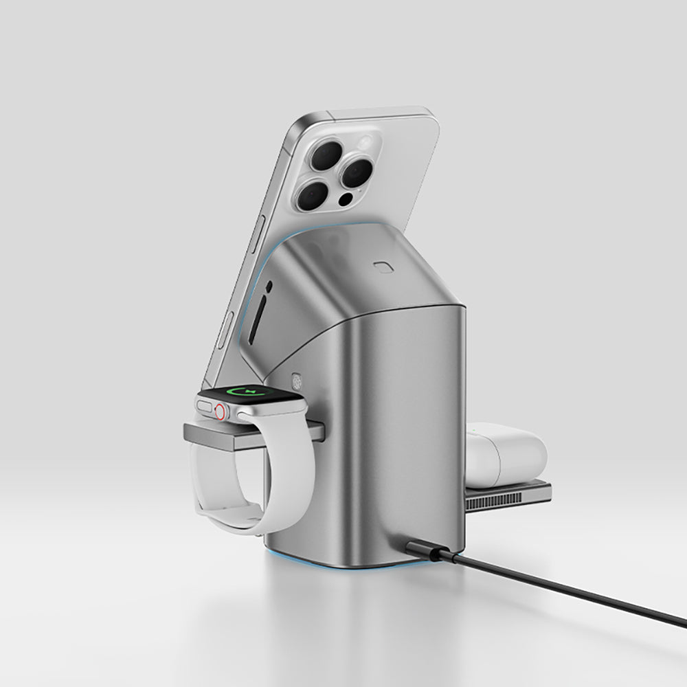 Recci RW05 Qi2 Charging Technology Ambient Light Phone & Smartwatch & Headphone 15W 3in1 Wireless Charging Stand Gray