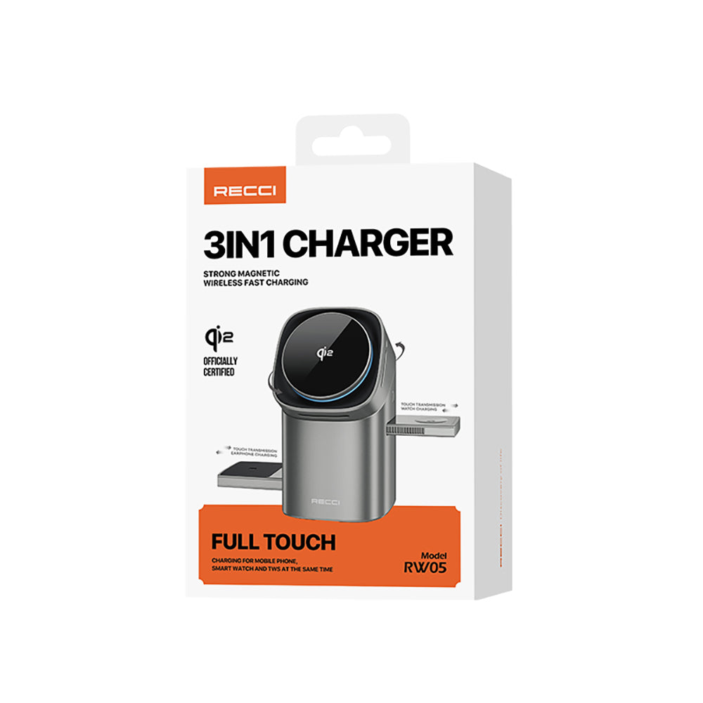 Recci RW05 Qi2 Charging Technology Ambient Light Phone & Smartwatch & Headphone 15W 3in1 Wireless Charging Stand Gray
