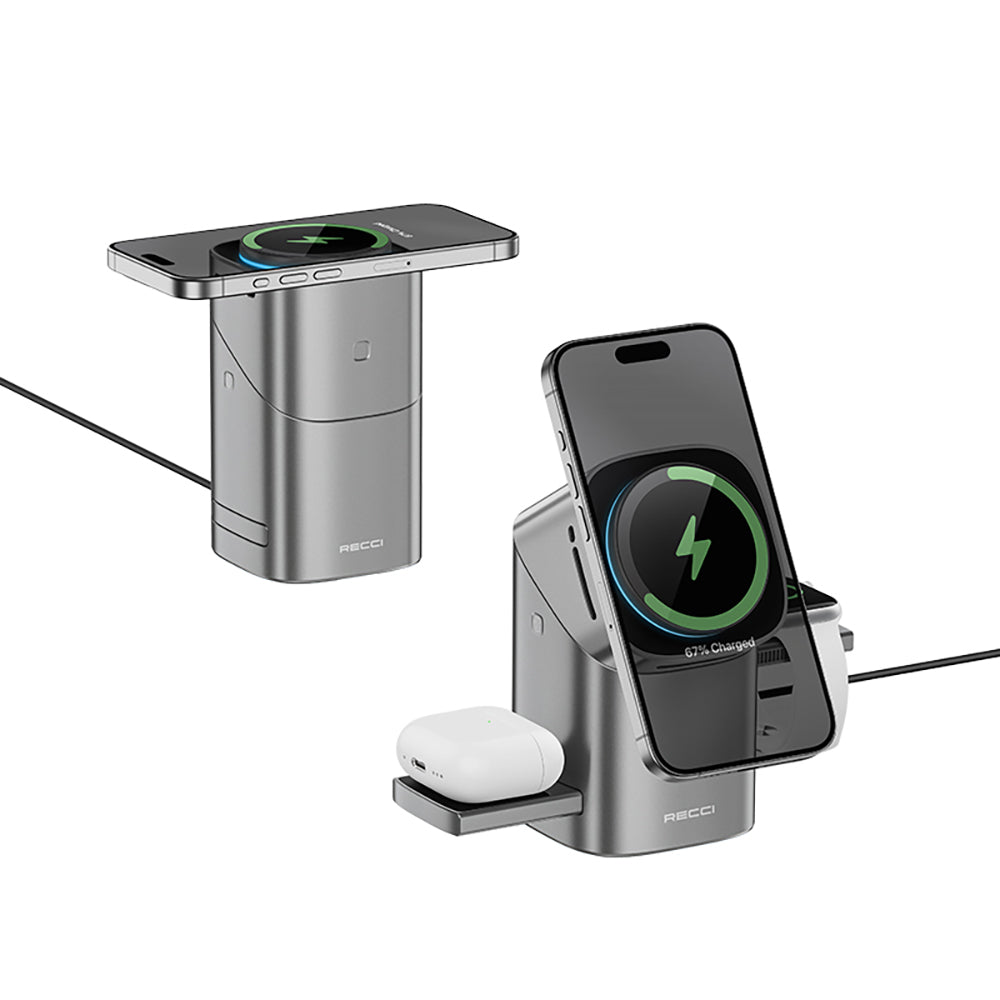 Recci RW05 Qi2 Charging Technology Ambient Light Phone & Smartwatch & Headphone 15W 3in1 Wireless Charging Stand Gray
